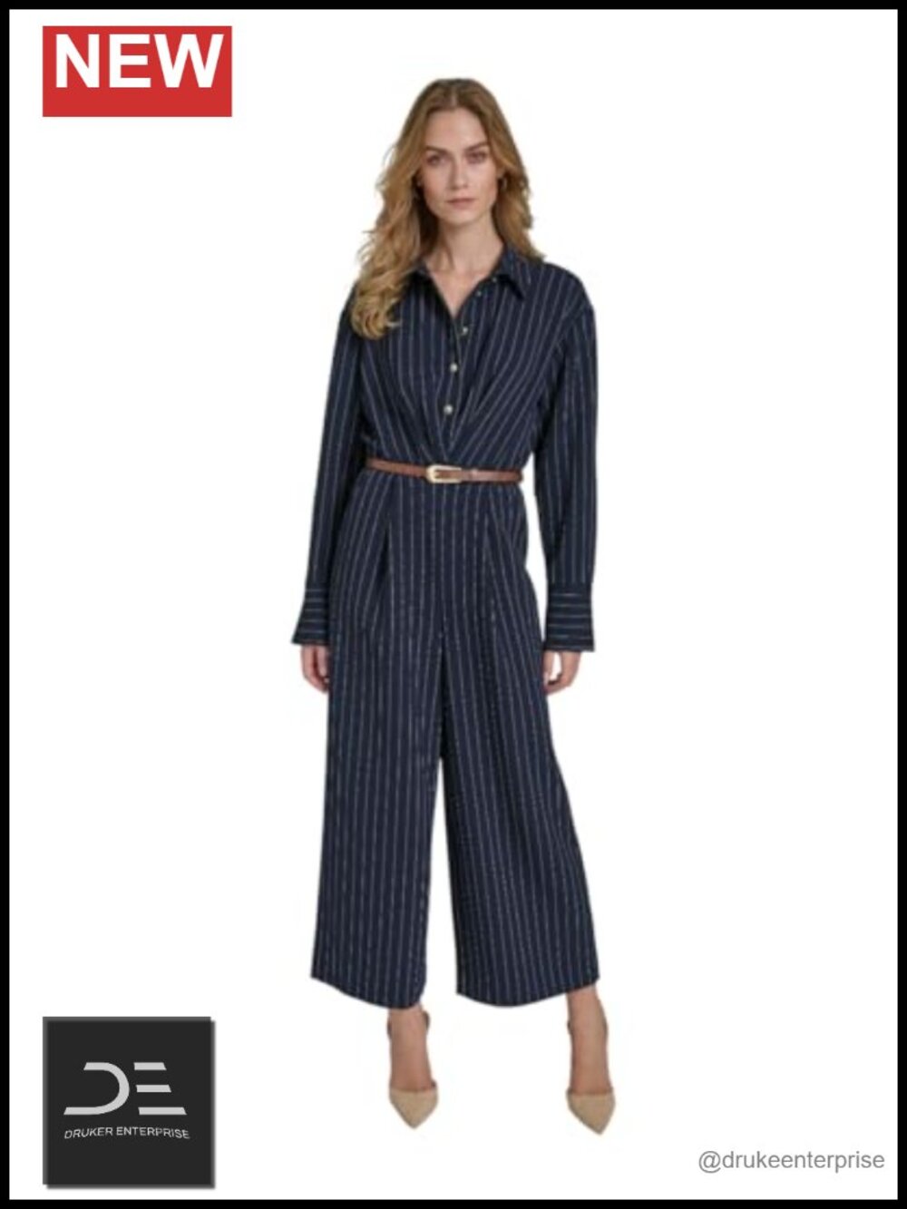 Long Sleeve Collared V-Neck Jumpsuit Belted Casual